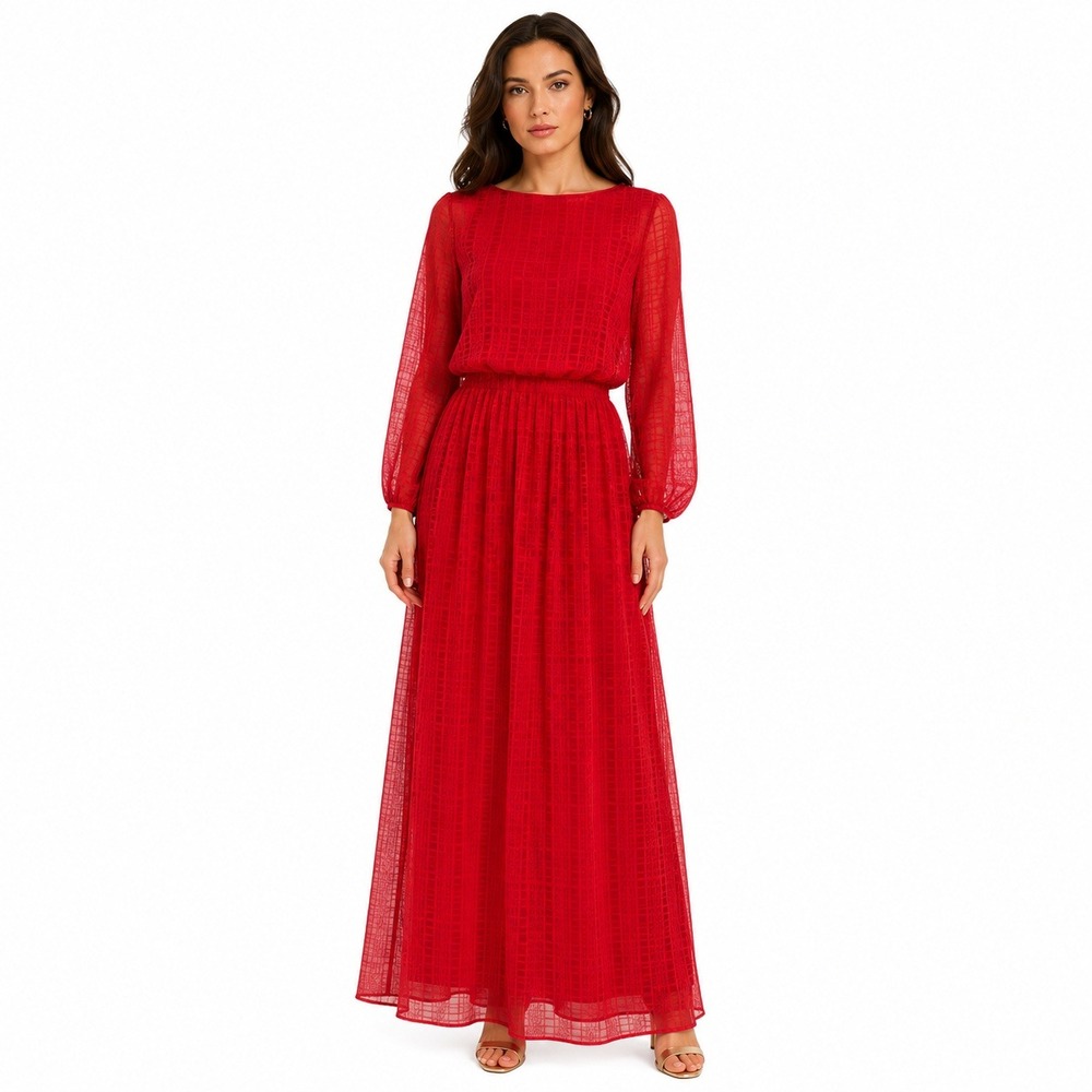 1980's Victor Costa Women's Dress Red Sheer Chiffon Long Sleeve Evening Gown‎ 12
